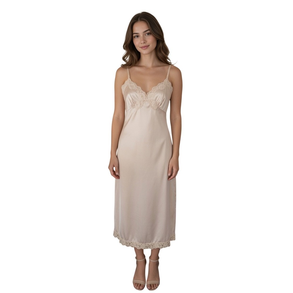 Vassarette Vintage Lace Trim Slip Dress Beige Antron III Nylon Midi Womens 36 L